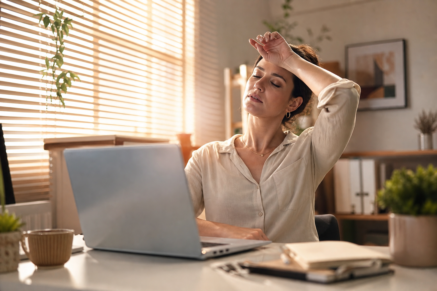Person at a warm home office desk before adding targeted cooling