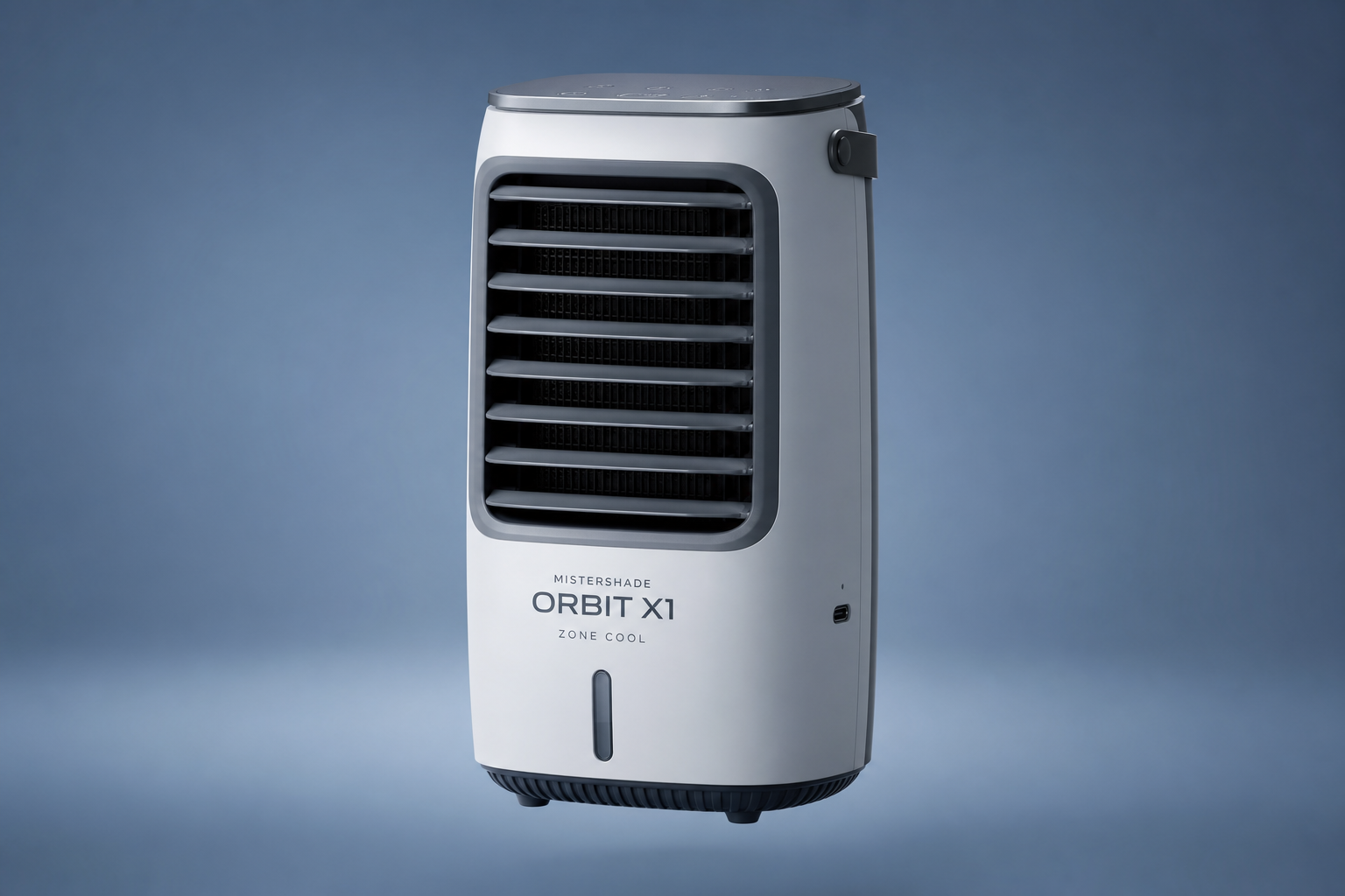 MisterShade Orbit X1 portable evaporative cooler on a studio backdrop